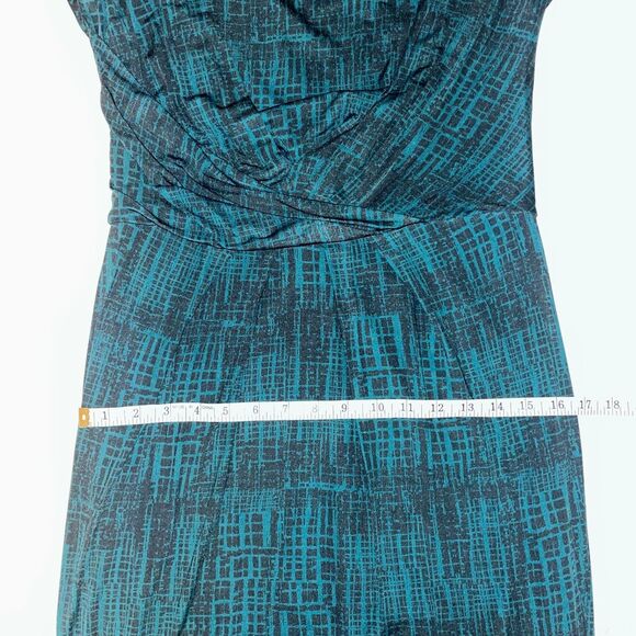 MAX MARA Teal Jersey Draped Gathered Waist Faux Wrap Dress Black Geo Print US 6 - Picture 6 of 13